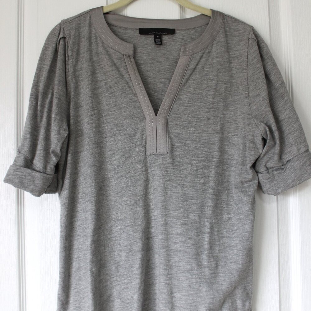 NWOT White House Black Market Grey Mixed Media V-Neck Top Size M